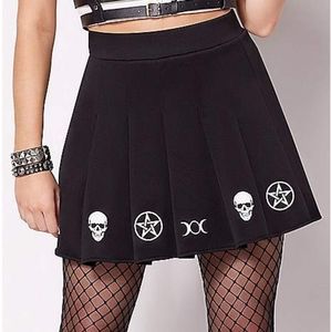 Goth Pleated Skirt with Pentagrams and Skulls